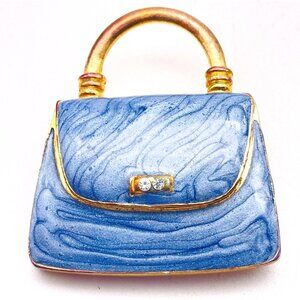 Blue Handbag Brooch Purse Pin Gold Tone Rhinestone Detail Swirl Enamel Bag